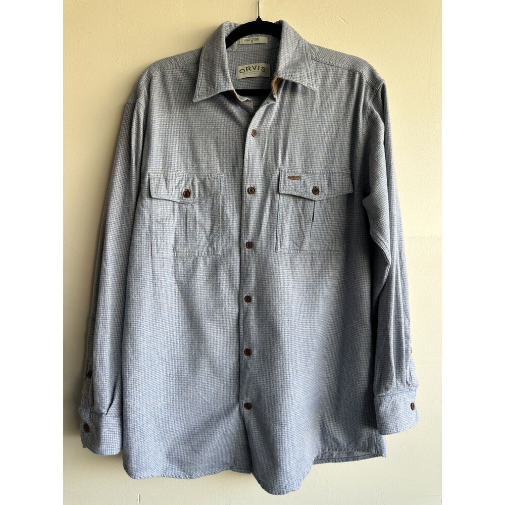 Orvis M Blue Houndstooth Flannel Shirt 100% Cotton Suede Trim Outdoors Hiking